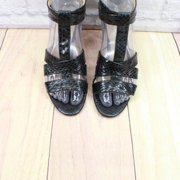 Via Spiga Black Snakeskin Patent Leather T Strap Heeled Sandals 6 M - Picture 5 of 11